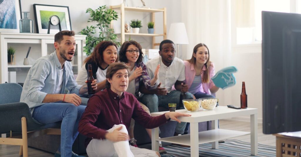 Group of friends watching tv in living room