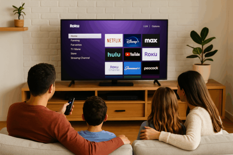 Family of four watching a Roku home screen together in a cozy living room, representing the shift from cable to streaming in 2025.